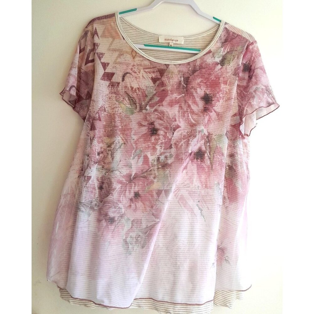 Sundance Womens Layered Flutter Sleeve Feminine Fairy Floral Striped Sz XL Top
